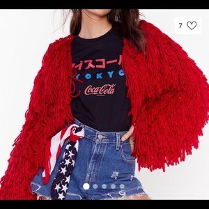Cropped shaggy red cardigan